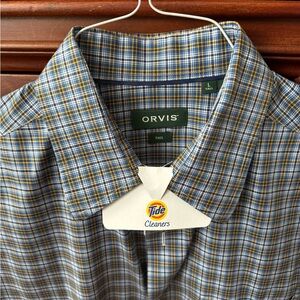 Orvis Men's Hidden-Button-Down, Blue & Gold Plaid Shirt. Size L-Tall.